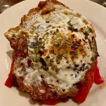 Supper - Crispy Egg Crostini with Peperonata - Italian Near Me - New York, New York Supper - Crispy Egg Crostini with Peperonata - Italian Near Me - New York, New York