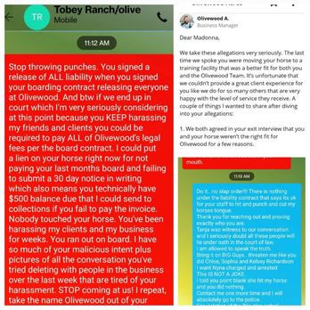 Olivewood Acres - The owner Tobey Tyler threatening me with a unwarranted lie. I left after I made it clear his staff was hitting my horse  he did nothing - Horse Boarding Near Me - Alpine, California