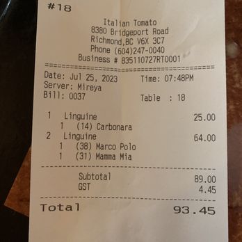 Italian Tomato Restaurant - Our bill - Italian Near Me - Richmond, British Columbia Italian Tomato Restaurant - Our bill - Italian Near Me - Richmond, British Columbia