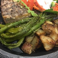 Just For You Catering - Swordfish, asparagus, roasted potatoes and salad:l. It was absolutely delicious!!