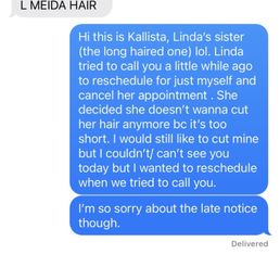 This photo is the text messages between Michael the hair dresser from L MEIDA STUDIO and myself. This photo is the text messages between Michael the hair dresser from L MEIDA STUDIO and myself.
