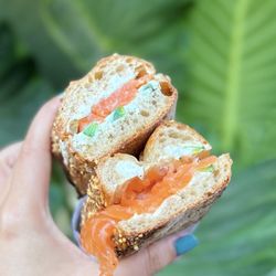 Little Sky Kitchen - House-Cured Lox w/ chive cream cheese, cucumber, housemade seeded baguette | $16