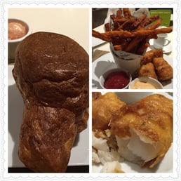 Giant popover with strawberry butter and fish & chips with sweet potato fries (seasonal item).
