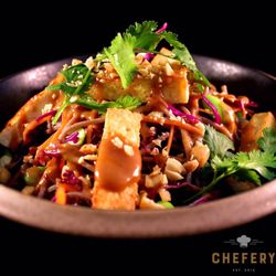 Chefery - Soba noodles with pan seared tofu, cabbage, cilantro and peanut sauce.