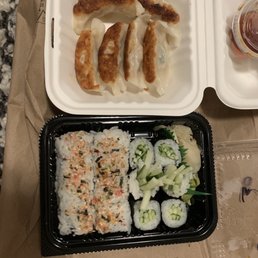 California roll (no avocado, cucumber instead) Cucumber roll 6 Piece Gyoza Plate California roll (no avocado, cucumber instead) Cucumber roll 6 Piece Gyoza Plate