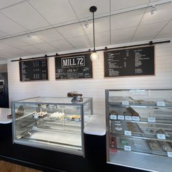 Mill 72 Bake Shop & Cafe - Bakery counter and coffee menu
