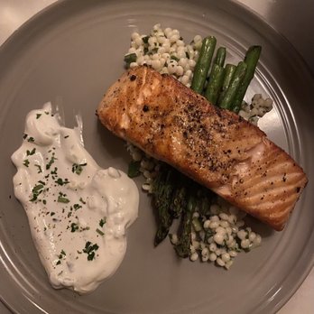 Olea - Salmon with Couscous, asparagus, and tzatziki - Mediterranean Near Me - Philadelphia, Pennsylvania