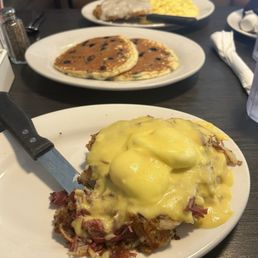 Irish eggs Benedict, blueberry pancakes, chicken fried steak Irish eggs Benedict, blueberry pancakes, chicken fried steak