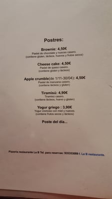 Menu photo 2 Pizzeria la B Barcelona, B