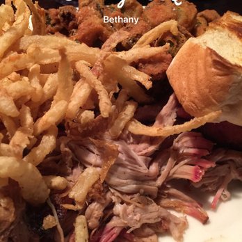 Swadley's Bar-B-Q - Pulled pork with crispy okra and fried onions. - American Near Me - Bethany, Oklahoma Swadley's Bar-B-Q - Pulled pork with crispy okra and fried onions. - American Near Me - Bethany, Oklahoma