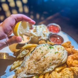 Diamondback Grill - Pan fried flounder, fried oysters and fried shrimp (Carolina Seafood Platter)