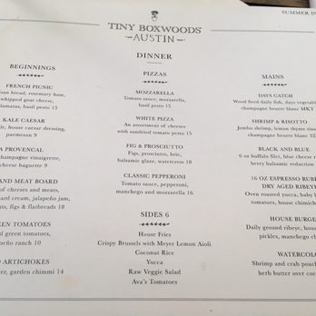 Tiny Boxwoods - Dinner Menu (August 2017) - New American Near Me - Houston, Texas