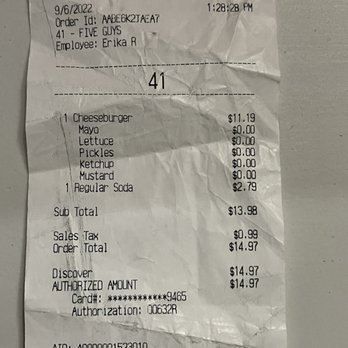 Five Guys - Receipt for cheeseburger and soda - Burgers Near Me - Doral, Florida Five Guys - Receipt for cheeseburger and soda - Burgers Near Me - Doral, Florida