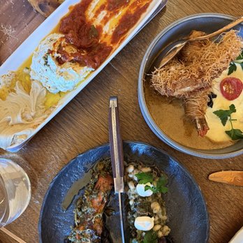 Frena - Dip trio (hummus, tzatziki, and matbucha), Madagascar shrimp kadayif, grilled Spanish octopus - Mediterranean Near Me - New York, New York Frena - Dip trio (hummus, tzatziki, and matbucha), Madagascar shrimp kadayif, grilled Spanish octopus - Mediterranean Near Me - New York, New York