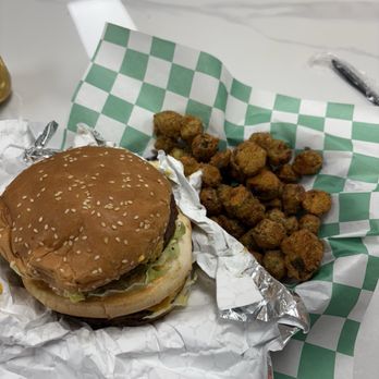 Vujee Vegan - V (A) The V-Mac Burger Combo fried okra O-Box (Okra) - Vegan Near Me - Huntsville, Alabama Vujee Vegan - V (A) The V-Mac Burger Combo fried okra O-Box (Okra) - Vegan Near Me - Huntsville, Alabama