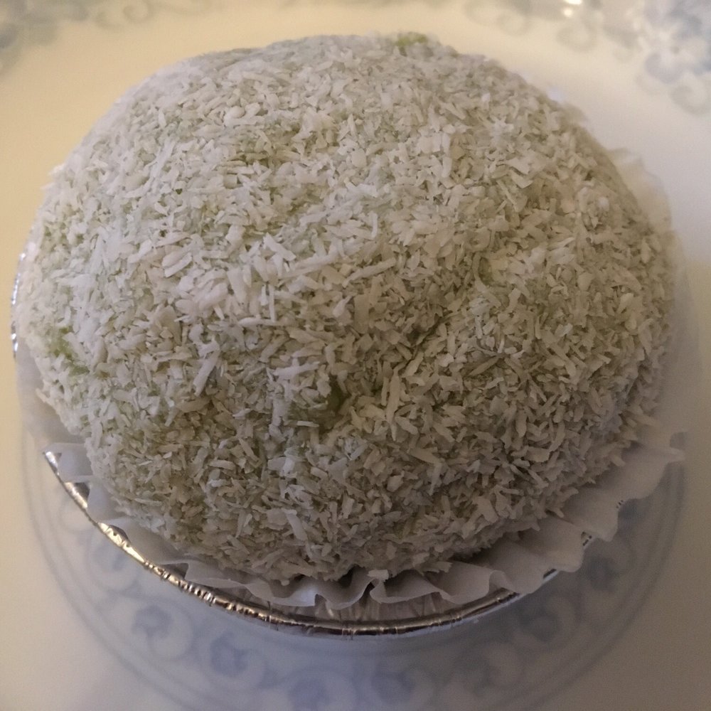 Green tea mochi with green bean paste inside--so good!