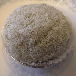 Green tea mochi with green bean paste inside--so good!