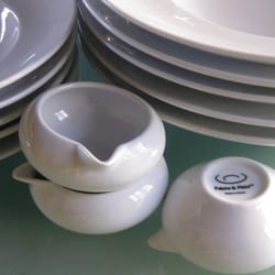 Bargain Fair - Palate & Plate's 7" bowl-$1.99 per, 10" wide rim soup or pasta bowl-$5.99 each & sauce pots-$1.29 per.