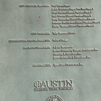 Austin Convention Center - Dedication plaque - Parking Near Me - Austin, Texas Austin Convention Center - Dedication plaque - Parking Near Me - Austin, Texas