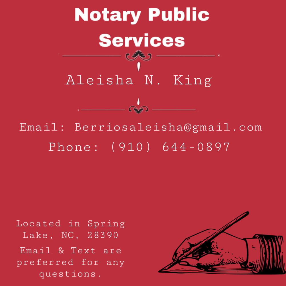ALEISHA’S NOTARY PUBLIC SERVICES Request a Quote Spring Lake, North