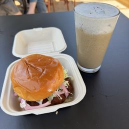 Ebi Katsu Sando and Hojicha Goma Latte