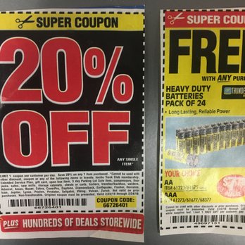 Harbor Freight Tools - Harbor Freight Tools.  20% off coupon and a coupon for a free 24 pack of heavy duty AA or AAA batteries. - Hardware Stores Near Me - Albuquerque, New Mexico