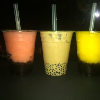 Lollicup - Strawberry slushy, iced cappuccino, and passion fruit slushy. All with mini boba. (Left to right) - Coffee & Tea Near Me - Artesia, California