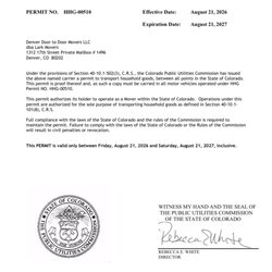 Colorado Public Utilities Commission Permit 2026-2027 Household Goods Mover