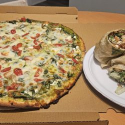Lg "Green Machine" Pizza. Crispy chicken Caesar wrap (get grilled chk next time)