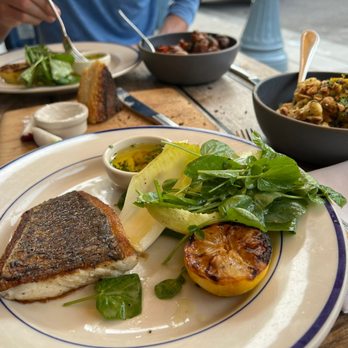 Clark's Oyster Bar - Clauiflower with hazelnuts to the right, trout and potatoes in the distance - Seafood Near Me - Aspen, Colorado