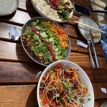The Clever Koi - Top to bottom : Shaking Beef, sesame noodle, tuna chips - Asian Fusion Near Me - Phoenix, Arizona