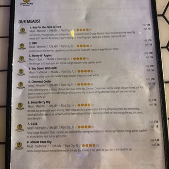 Three Hands Mead - Menu as of 1/10/26 - Meaderies Near Me - Plant City, Florida