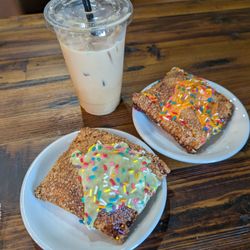 Beans & Boots Coffee - The Rancher iced latte , Fruit & Grain Strawberry Matcha and Mango pop tarts