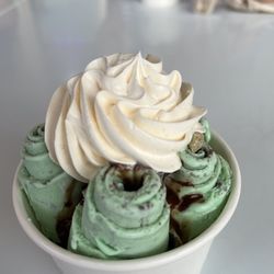 Curly Cream Rolled Icecream - Mint base with thin mints Andes mints choc syrup and whipped cream
