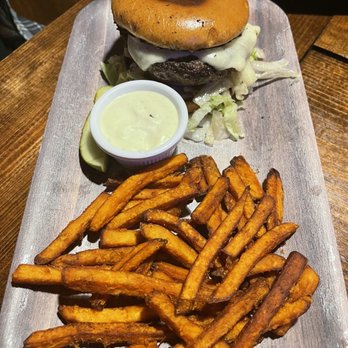 The Bounty Hunter Saloon - Cheese Burger with sweet potato fries. Burger was juicy, flavorful and fries were delicious. - Bars Near Me - Portland, Oregon The Bounty Hunter Saloon - Cheese Burger with sweet potato fries. Burger was juicy, flavorful and fries were delicious. - Bars Near Me - Portland, Oregon