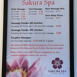 Sakura Spa Massage - Prices