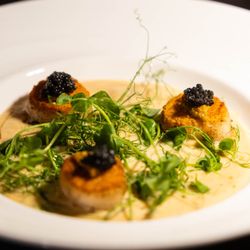Driven Steakhouse - Diver scallops. Served with creamed leeks, Fresno kosho, and golden osetra caviar.