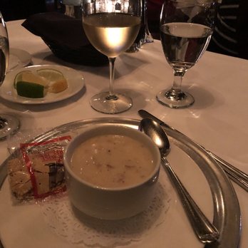 21 Oceanfront - Glass of Riesling to wine down.  Starter (NB Restaurant Week '18): New England Clam Chowder - New American Near Me - Newport Beach, California