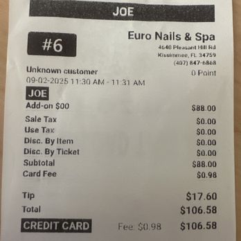 Euro Nails & Spa - Receipt - Nail Salons Near Me - Kissimmee, Florida