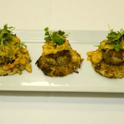 VLT Catering - Seared Sea Scallops on Potato Latkes with Sundried Tomato and Garlic Cream Sauce.