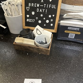 Gregorys Coffee - Waiting area with utensils. - Coffee & Tea Near Me - Brooklyn, New York