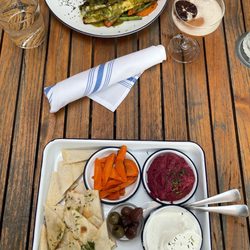 Redfish in back, mezzo with beet dip & labnah in front