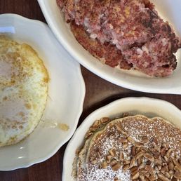 Homemade Corned Beef Hash, Ala Carte Eggs - 2 Eggs, Banana Pancakes with Pecans