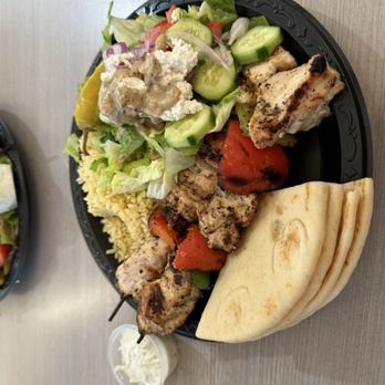 Greek Street Grill - Chicken souvlaki plate with rice and side salad. - Greek Near Me - Riverside, California