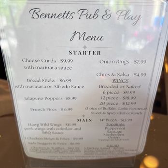 Bennetts pub and play - Current food menu ( just started serving food yesterday this menu will likely change over time) - Arcades Near Me - Lowell, Indiana