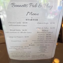 Bennetts pub and play - Current food menu ( just started serving food yesterday this menu will likely change over time)