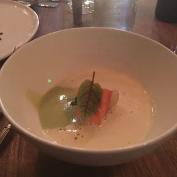 Mercantile - Spring garlic bisque, smoked sturgeon sabayon, grilled onions, marble rye 2die 4, NZ ocean trout - New American Near Me - Denver, Colorado Mercantile - Spring garlic bisque, smoked sturgeon sabayon, grilled onions, marble rye 2die 4, NZ ocean trout - New American Near Me - Denver, Colorado