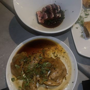 Rare 125 - bottom is pork dumplings, very salty and overcooked on the outside top is the tuna tataki, the only thing that i would say was good - Steakhouses Near Me - San Juan, Puerto Rico Rare 125 - bottom is pork dumplings, very salty and overcooked on the outside top is the tuna tataki, the only thing that i would say was good - Steakhouses Near Me - San Juan, Puerto Rico