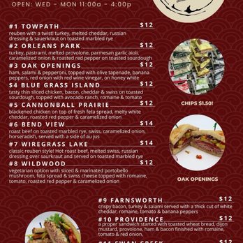 Side Cuts - Menu - The menu from Side Cuts sandwich shop lists multiple sandwich options such as Towpath, Orleans Park, Oak Openings, Blue Grass Island, Cannonball Prairie, and others. Each item includes a description of ingredients like turkey, pastrami, roast beef, and vegetarian options, with prices between $12 and $14. The menu features images of sandwiches and mentions outdoor seating and a hidden bar. Contact information and social media details are provided at the bottom. - Sandwiches Near Me - Maumee, Ohio