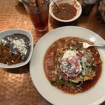 Elote Cafe - Smoked Brisket enchiladas with Beans and rice.  Ice tea and chips and salsa. - Bars Near Me - Sedona, Arizona